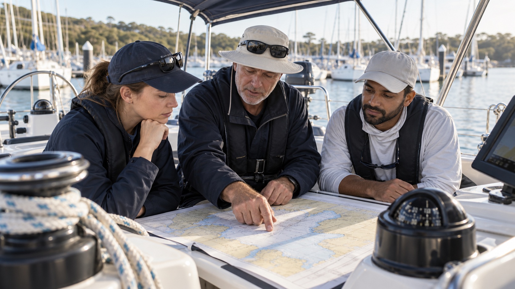 Illustration of chartwork and navigation study aboard a sailing yacht